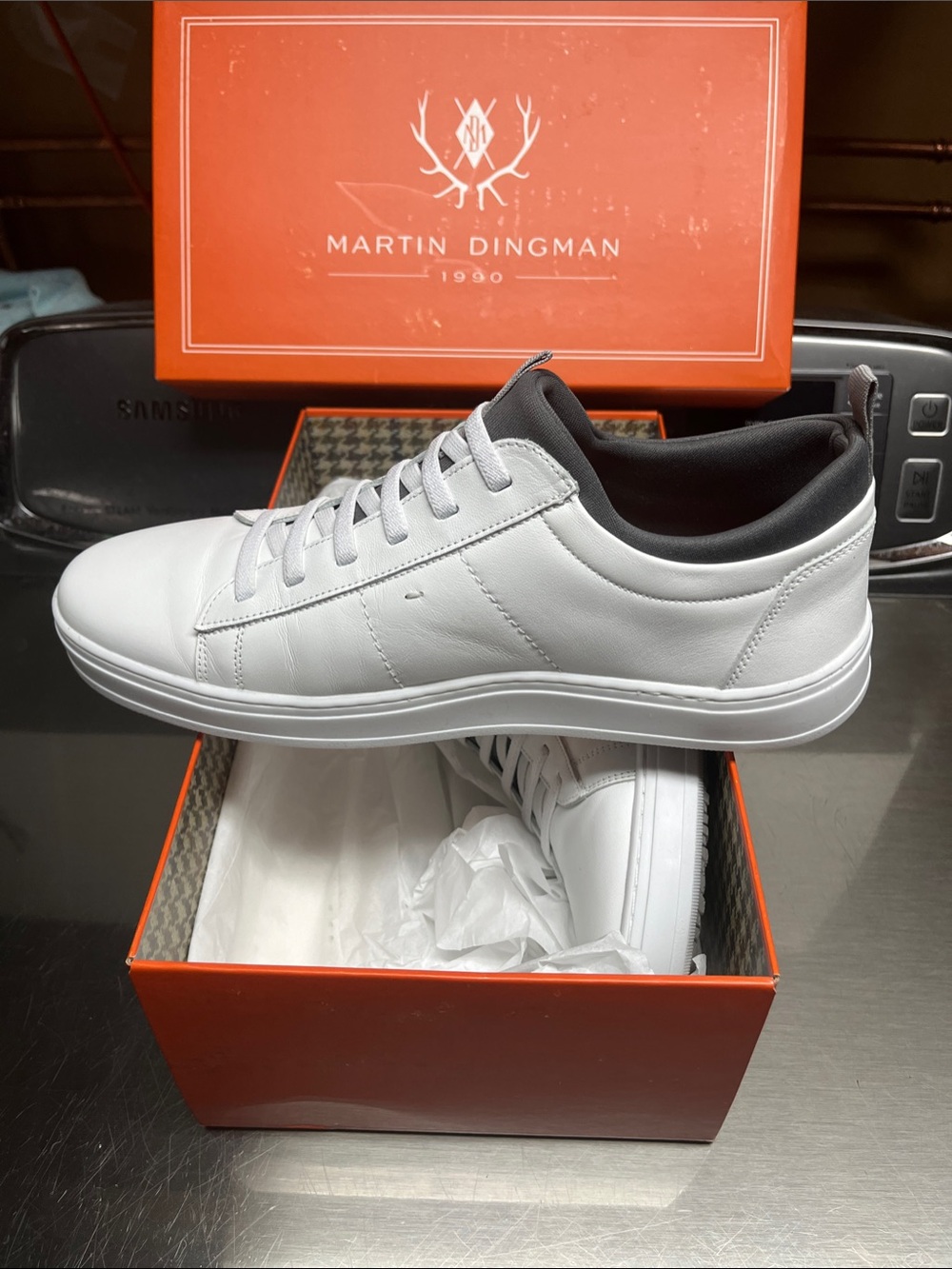 Martin Dingman New White Leather Sneakers with Gray Collar